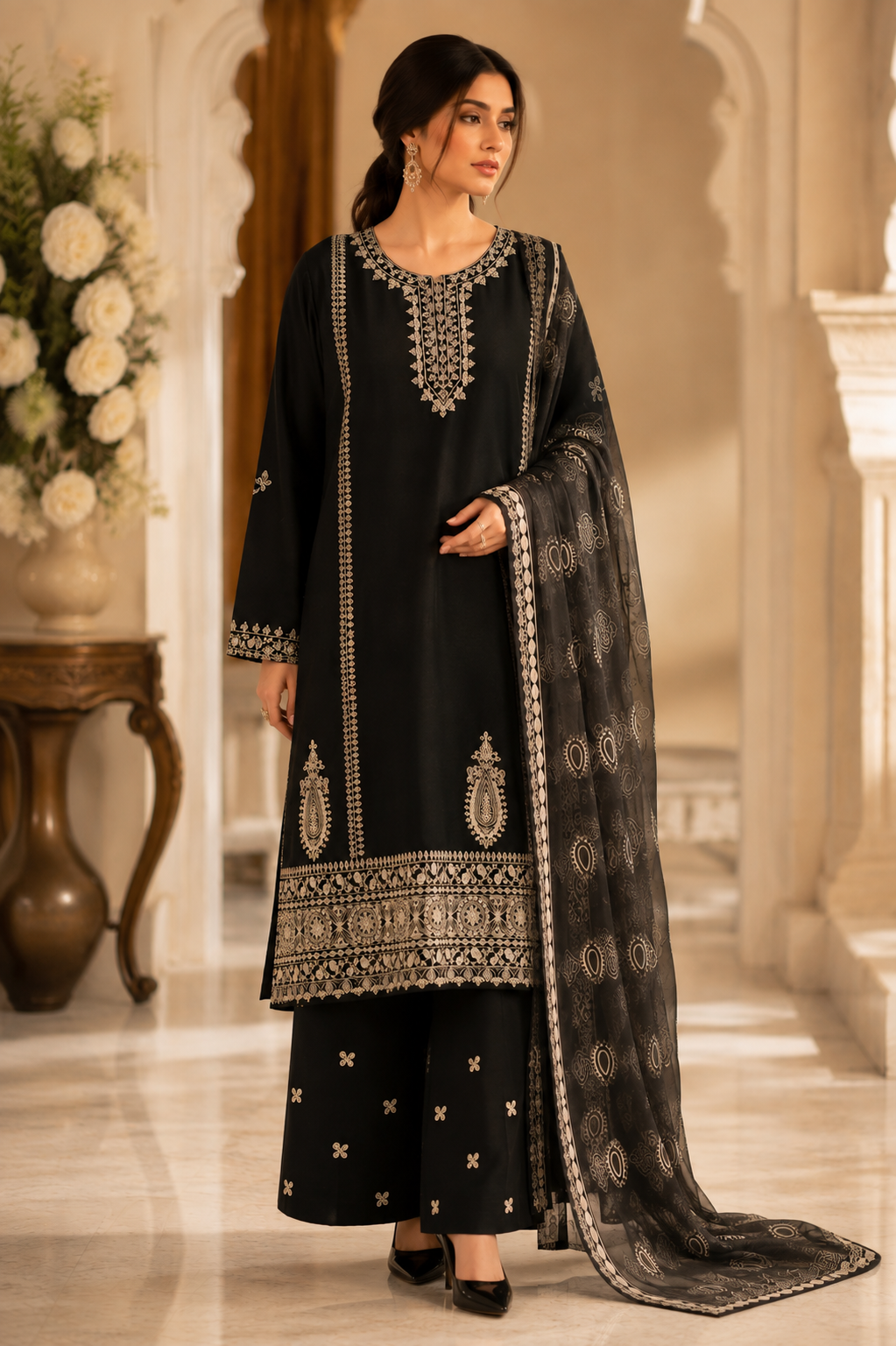 Embroidered Noir Luxe 3-Piece Suit