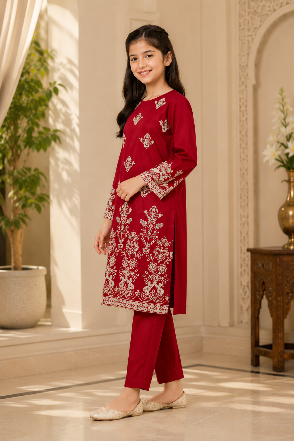 Girls’ Maroon Red Embroidered 2-Piece Suit