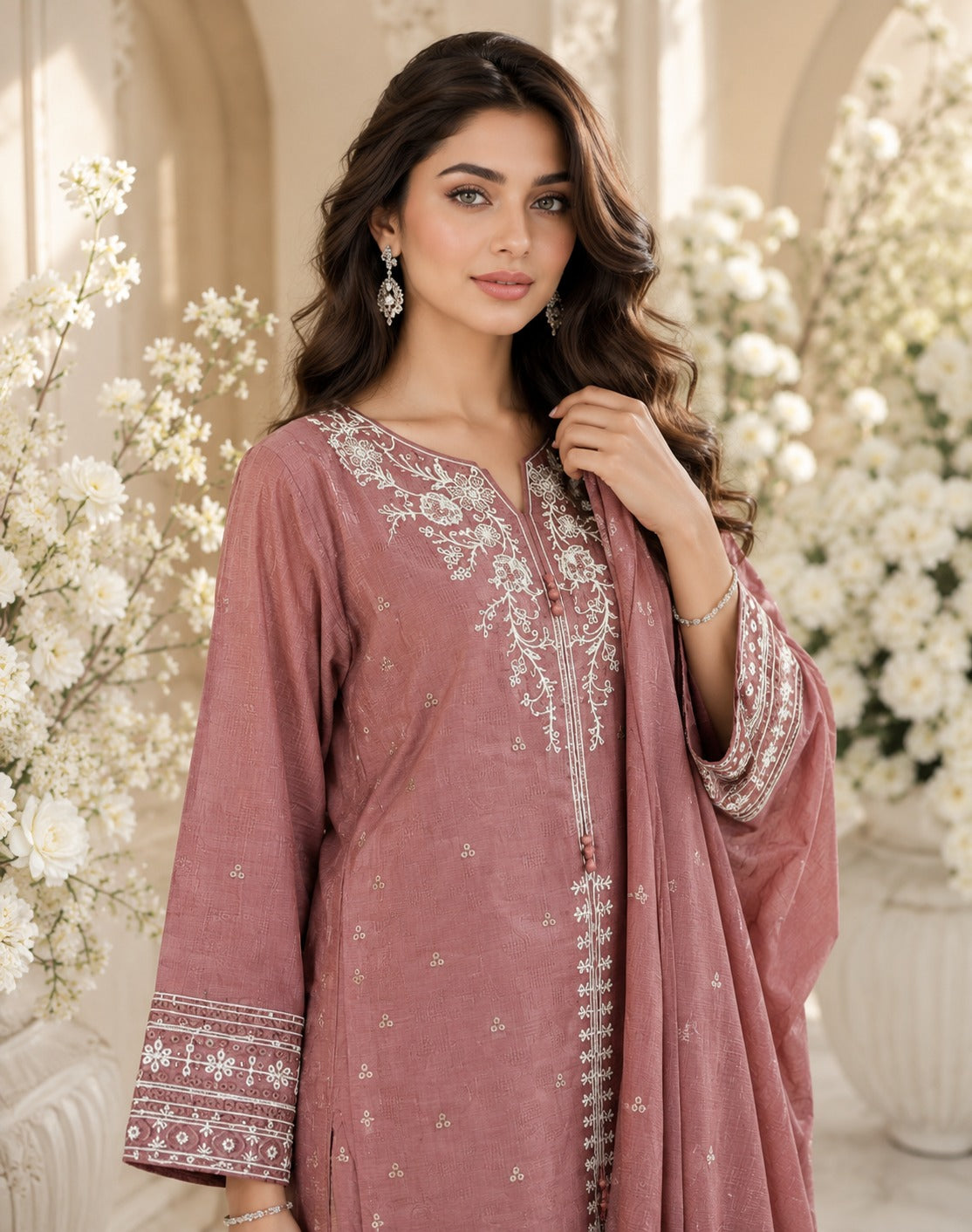 Dusty Rose Embroidered Lawn 3-Piece Suit with Printed Dupatta