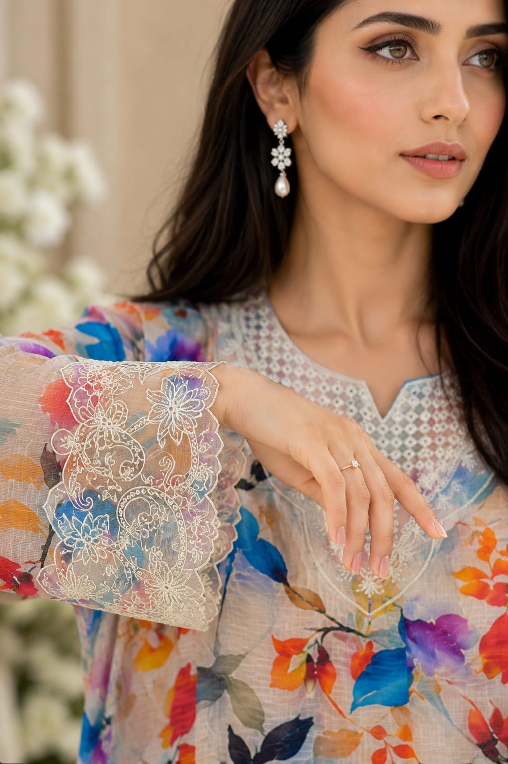 Floral Printed Lawn 3-Piece Suit with Embroidered Lace & Printed Dupatta