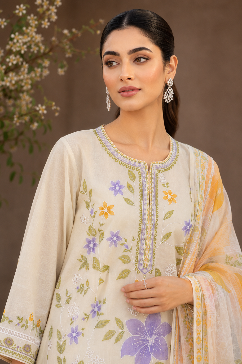 Pastel Bloom Embroidered 3-Piece Lawn Suit – Cream, Lavender & Mustard