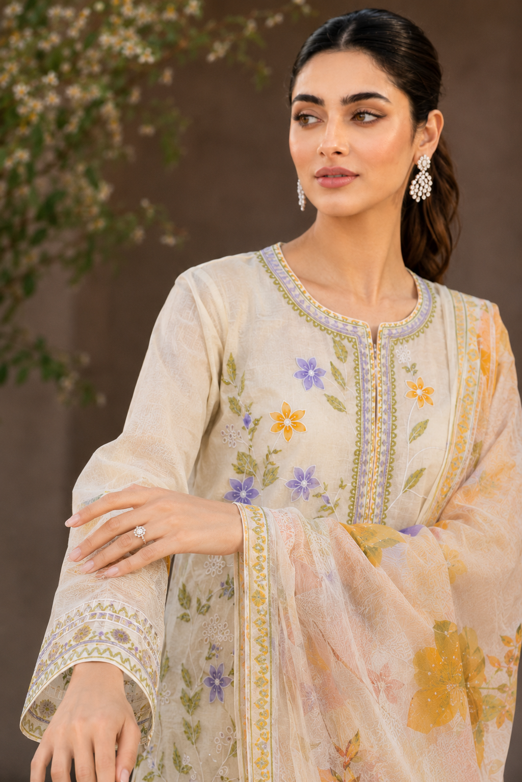 Pastel Bloom Embroidered 3-Piece Lawn Suit – Cream, Lavender & Mustard