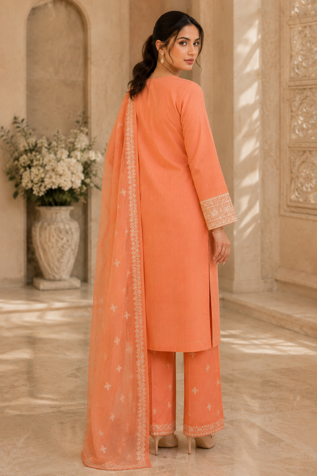 Peach Embroidered 3-Piece Suit
