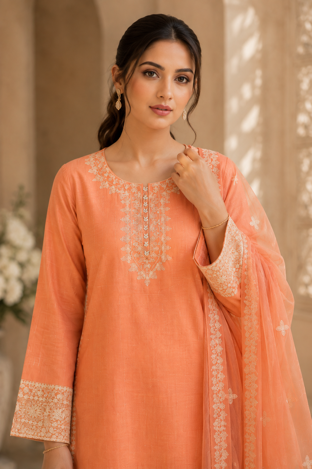 Peach Embroidered 3-Piece Suit