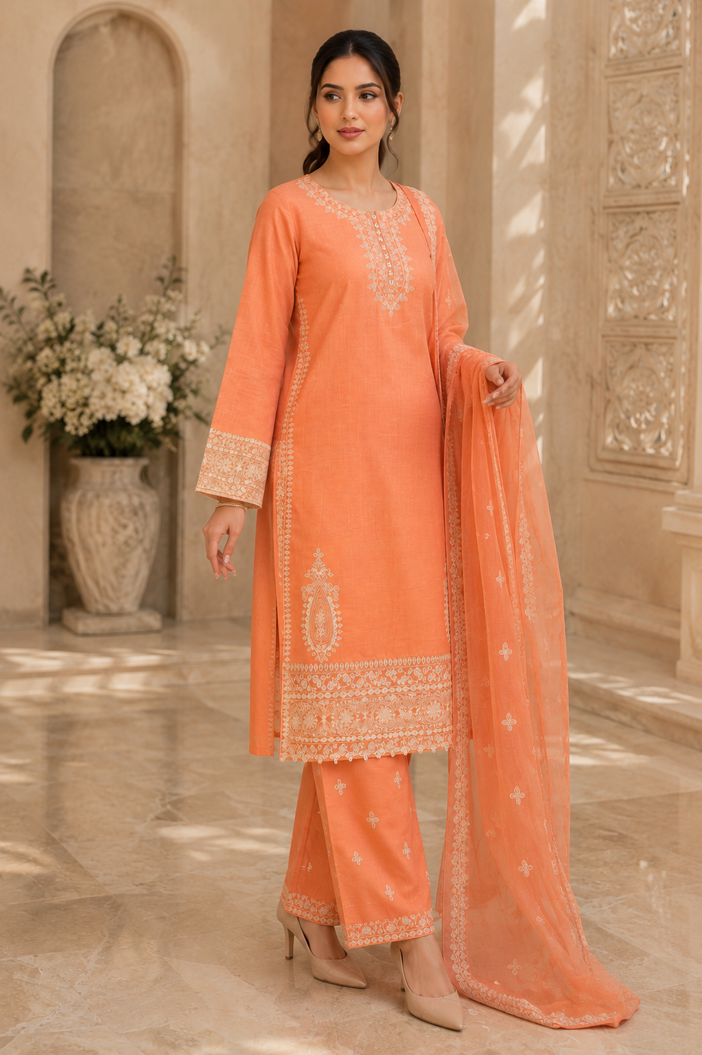 Peach Embroidered 3-Piece Suit