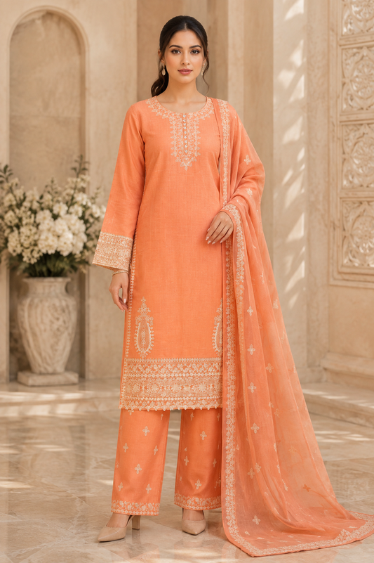 Peach Embroidered 3-Piece Suit