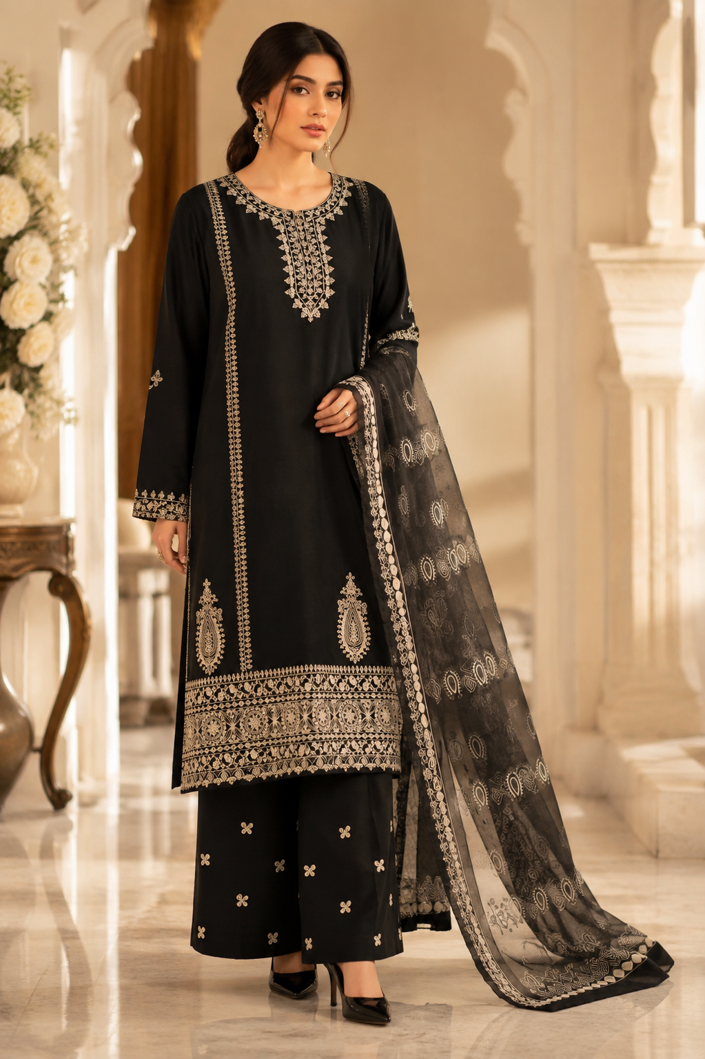 Embroidered Noir Luxe 3-Piece Suit