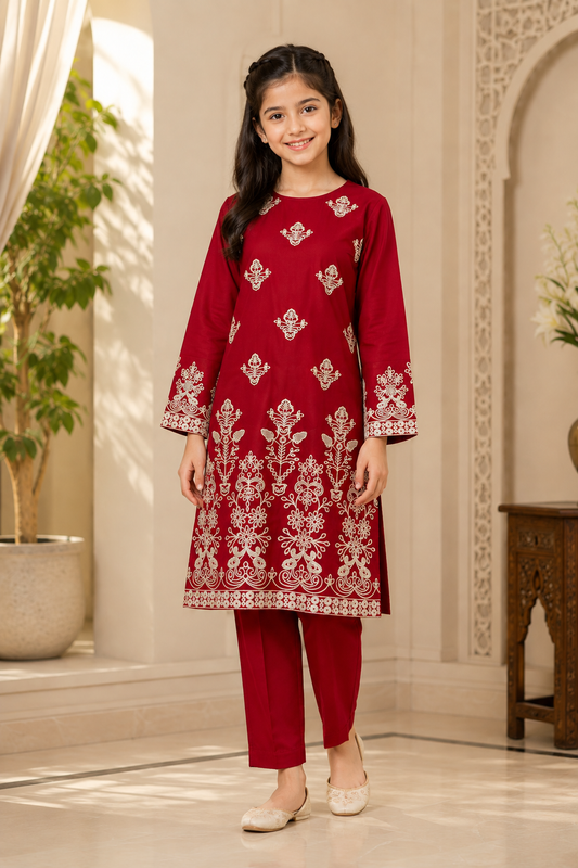 Girls’ Maroon Red Embroidered 2-Piece Suit