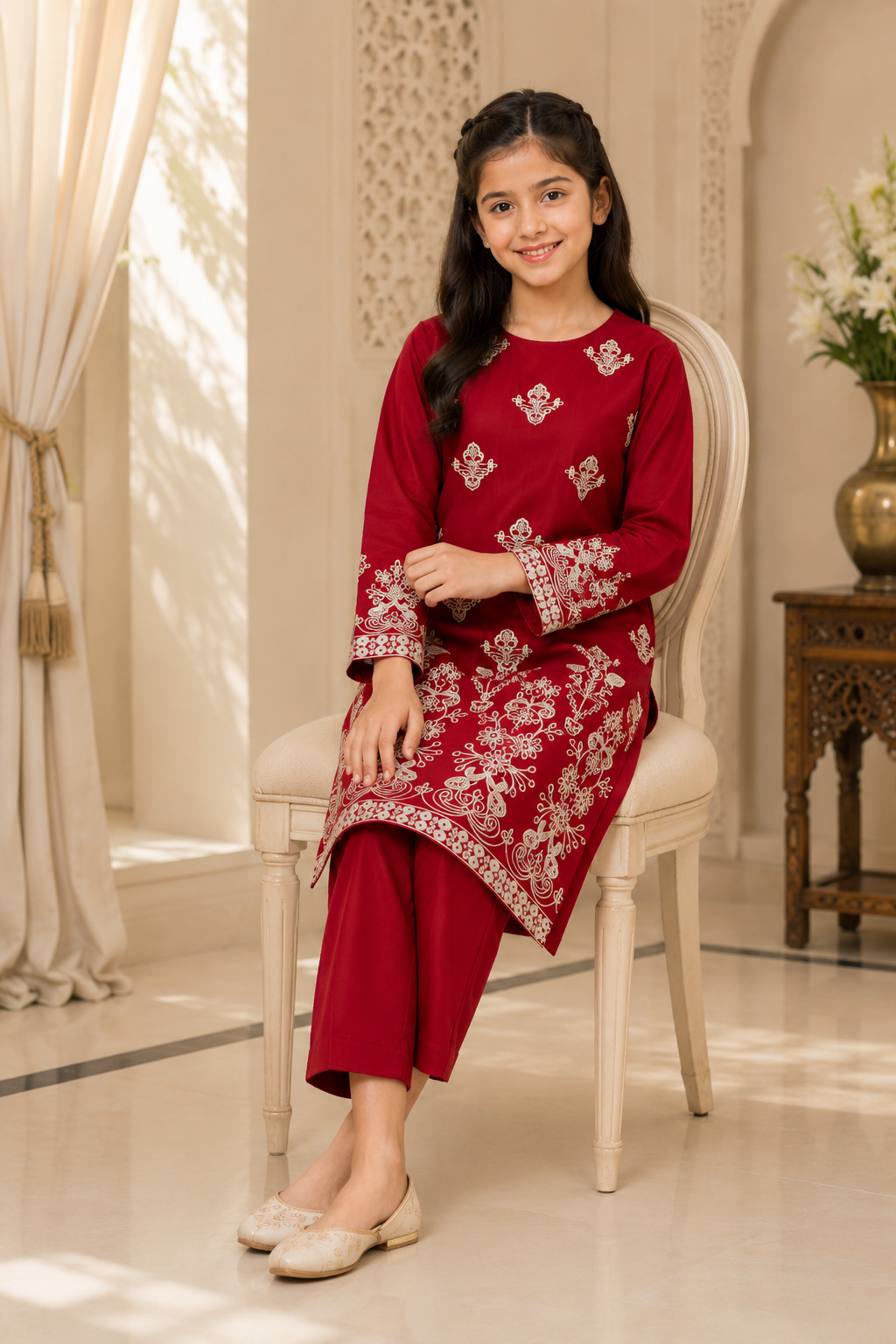 Girls’ Maroon Red Embroidered 2-Piece Suit