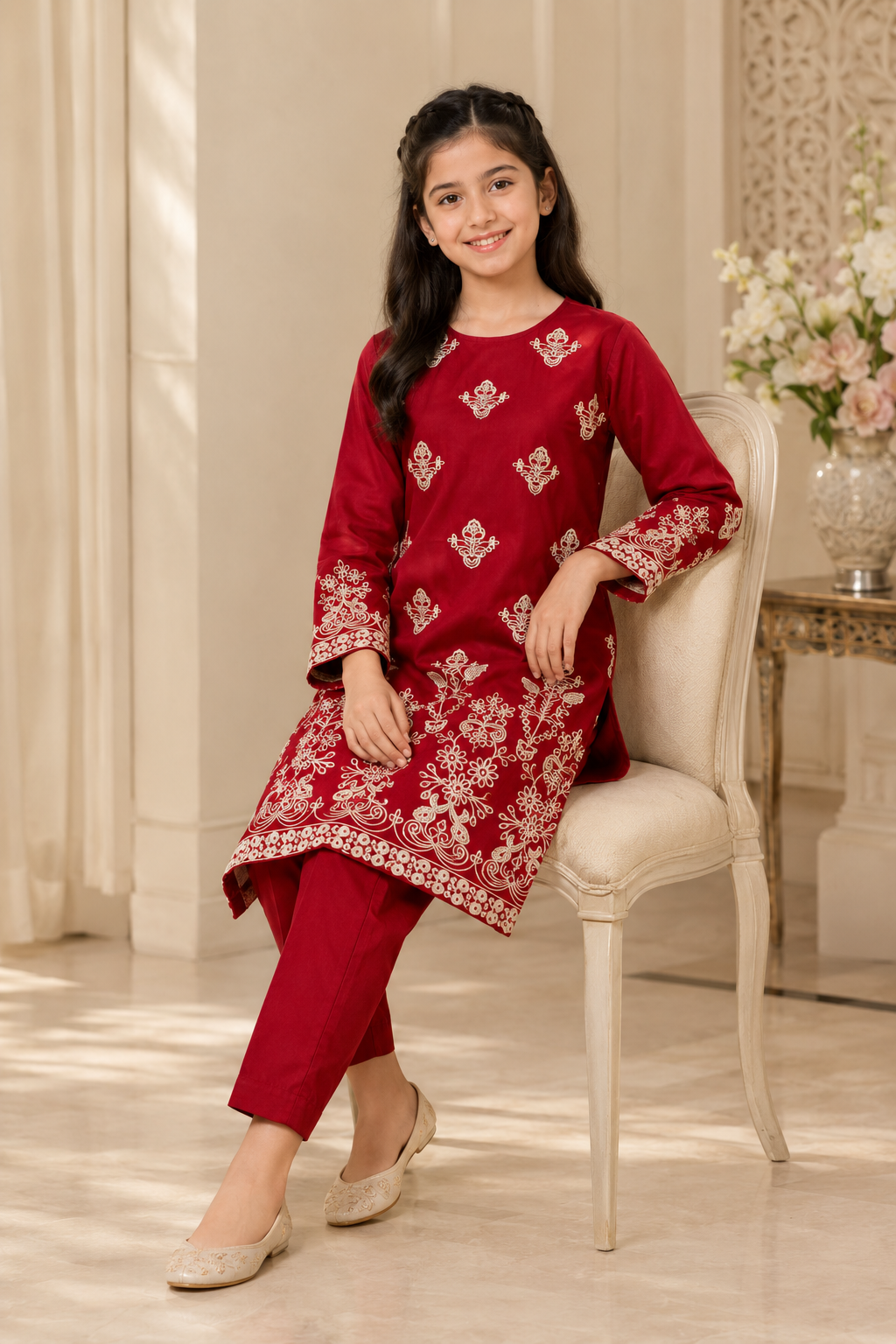 Girls’ Maroon Red Embroidered 2-Piece Suit