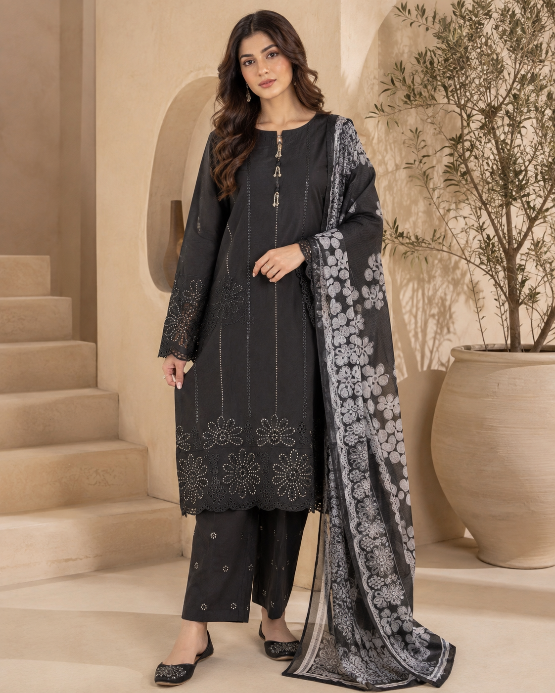 Black Embroidered 3-Piece Suit with Chiffon Floral Dupatta