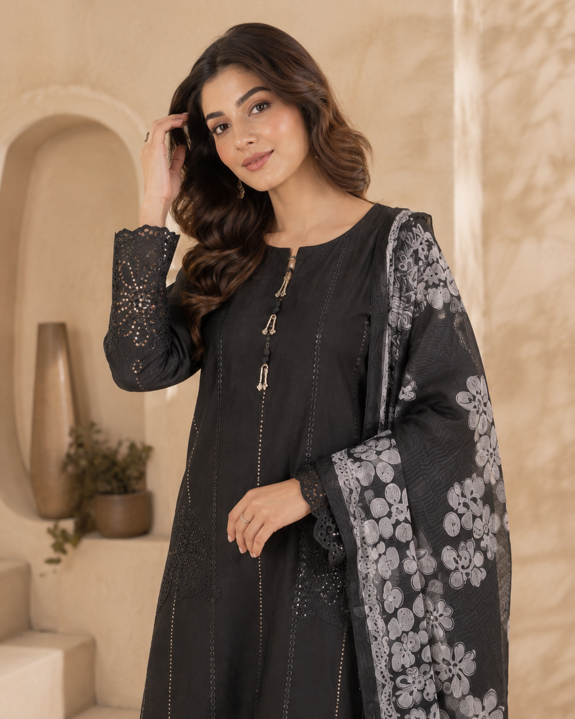 Black Embroidered 3-Piece Suit with Chiffon Floral Dupatta