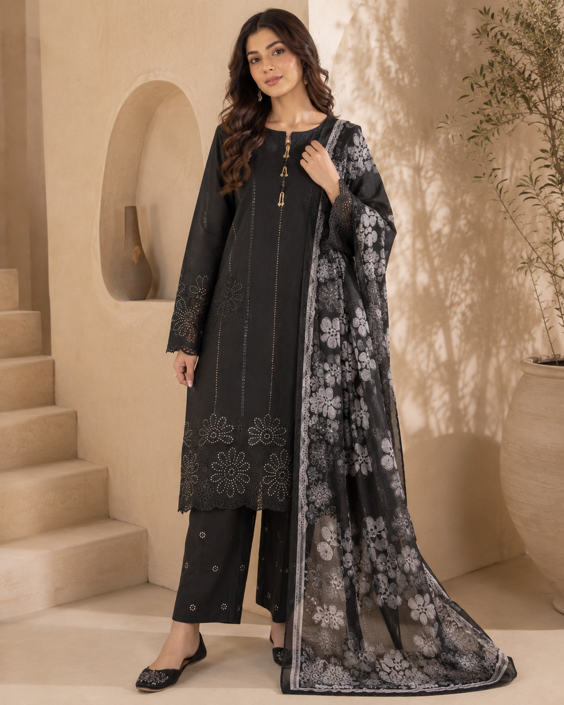 Black Embroidered 3-Piece Suit with Chiffon Floral Dupatta