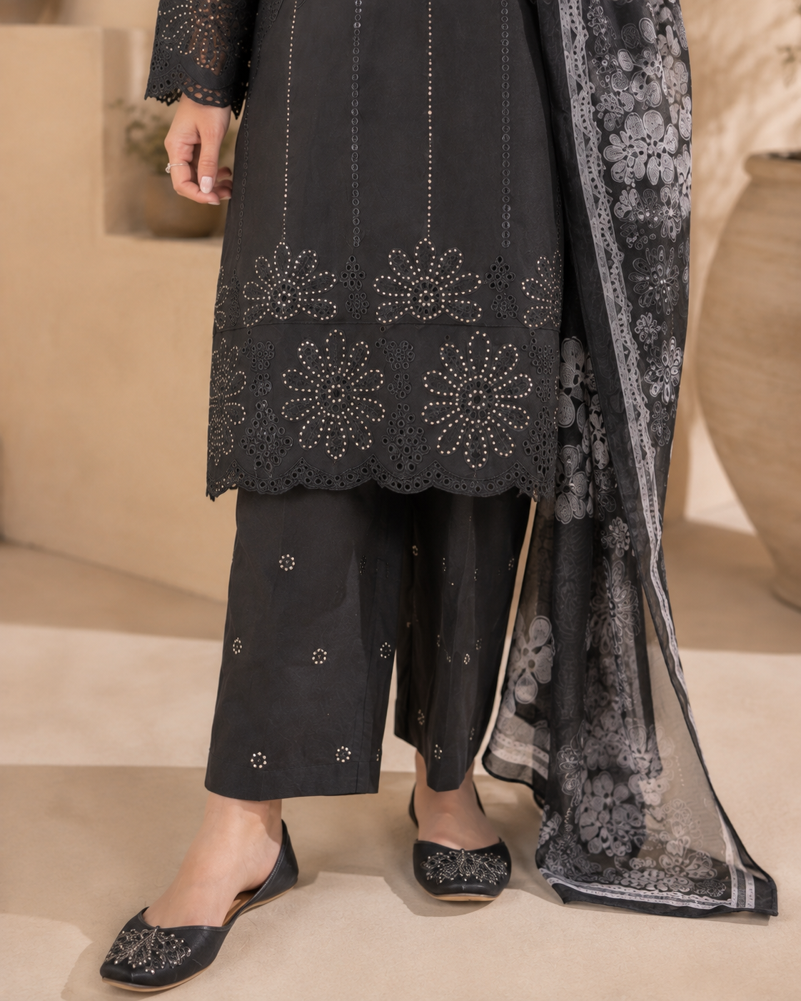 Black Embroidered 3-Piece Suit with Chiffon Floral Dupatta