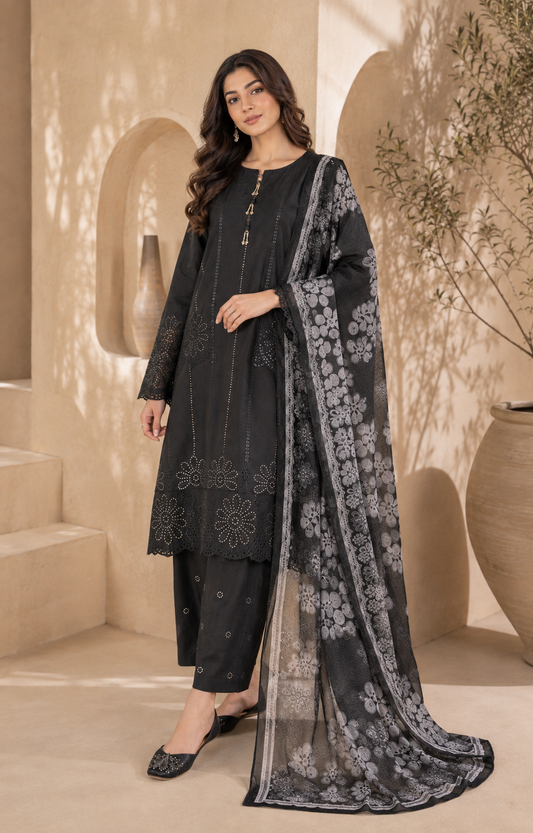 Black Embroidered 3-Piece Suit with Chiffon Floral Dupatta