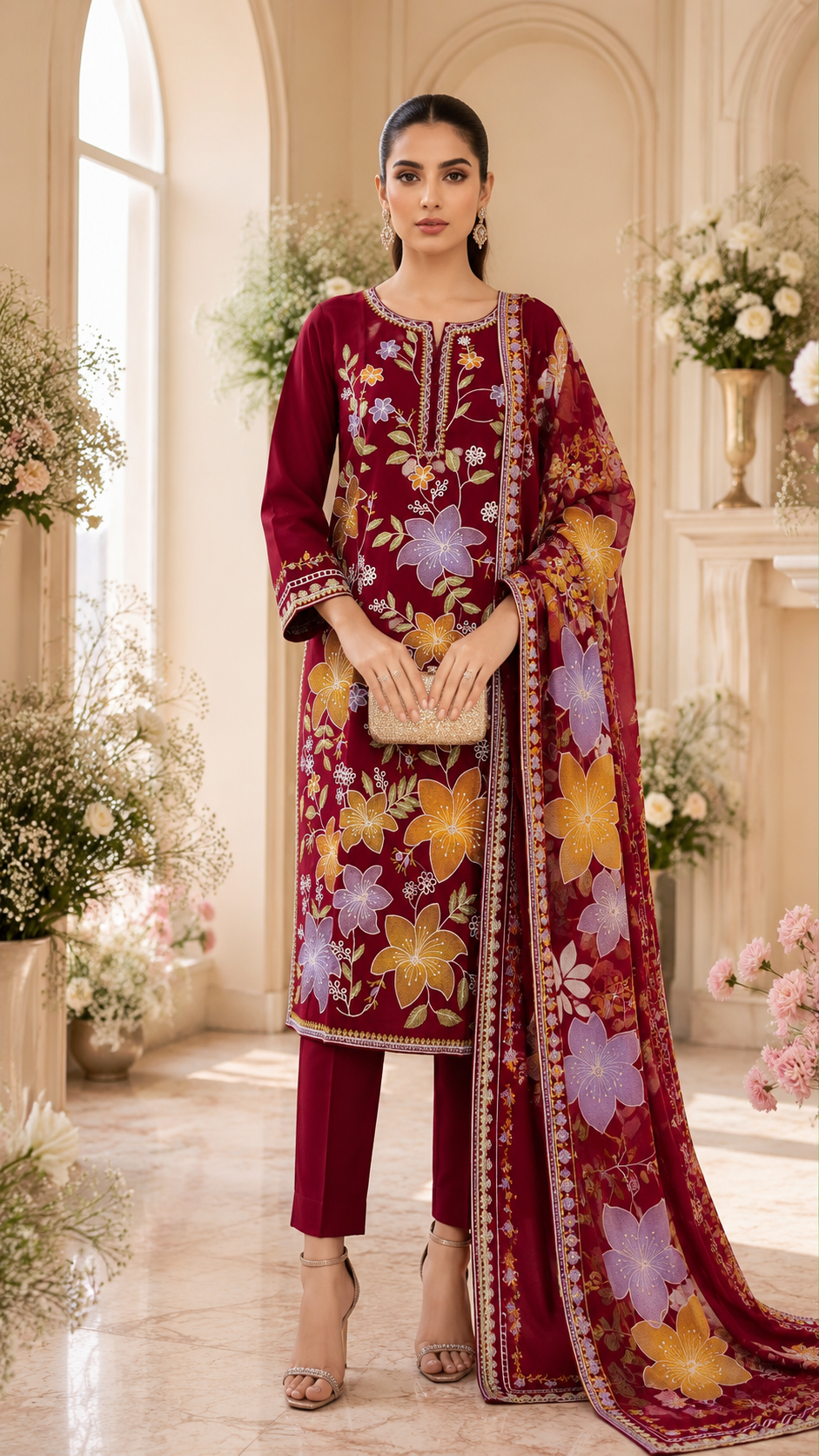 Premium Maroon Floral Embroidered 3-Piece Lawn Suit