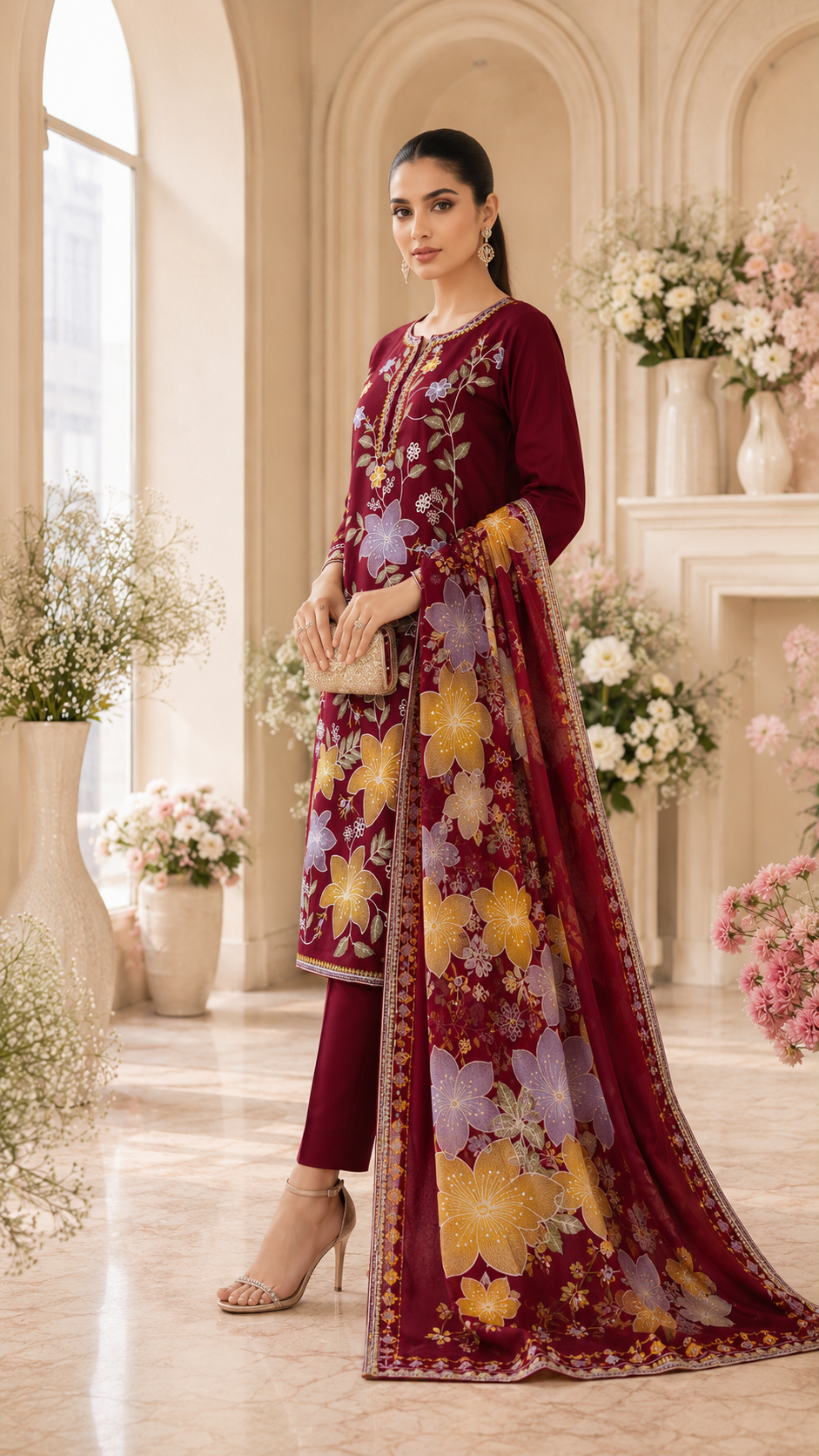 Premium Maroon Floral Embroidered 3-Piece Lawn Suit