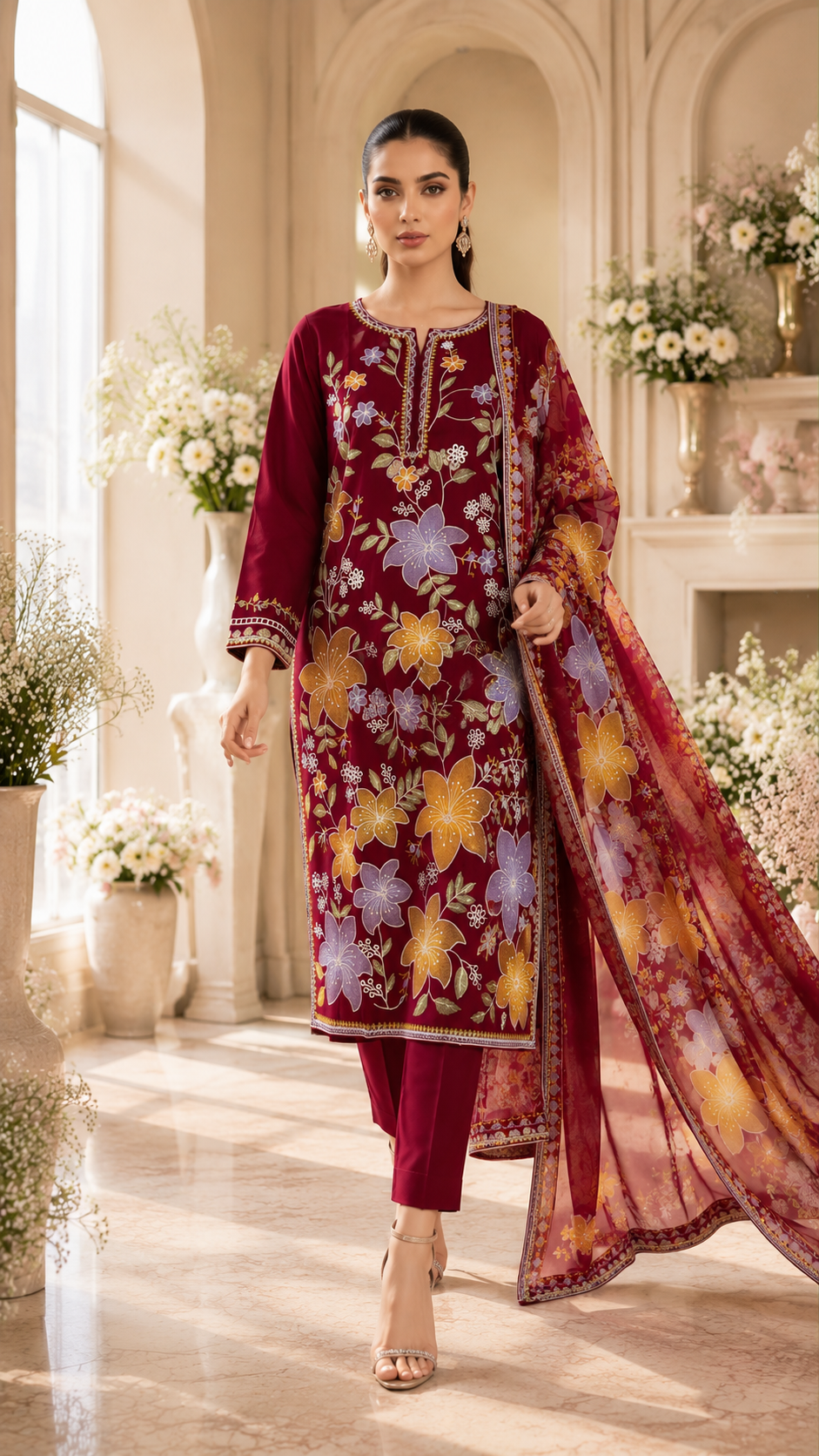 Premium Maroon Floral Embroidered 3-Piece Lawn Suit