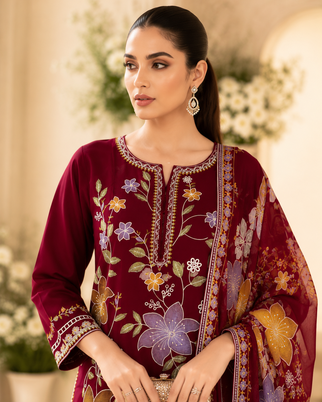 Premium Maroon Floral Embroidered 3-Piece Lawn Suit