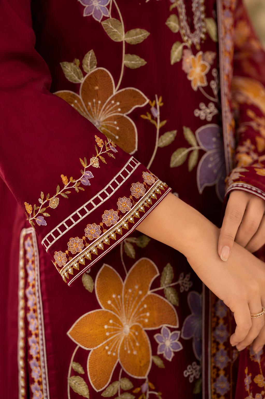 Premium Maroon Floral Embroidered 3-Piece Lawn Suit