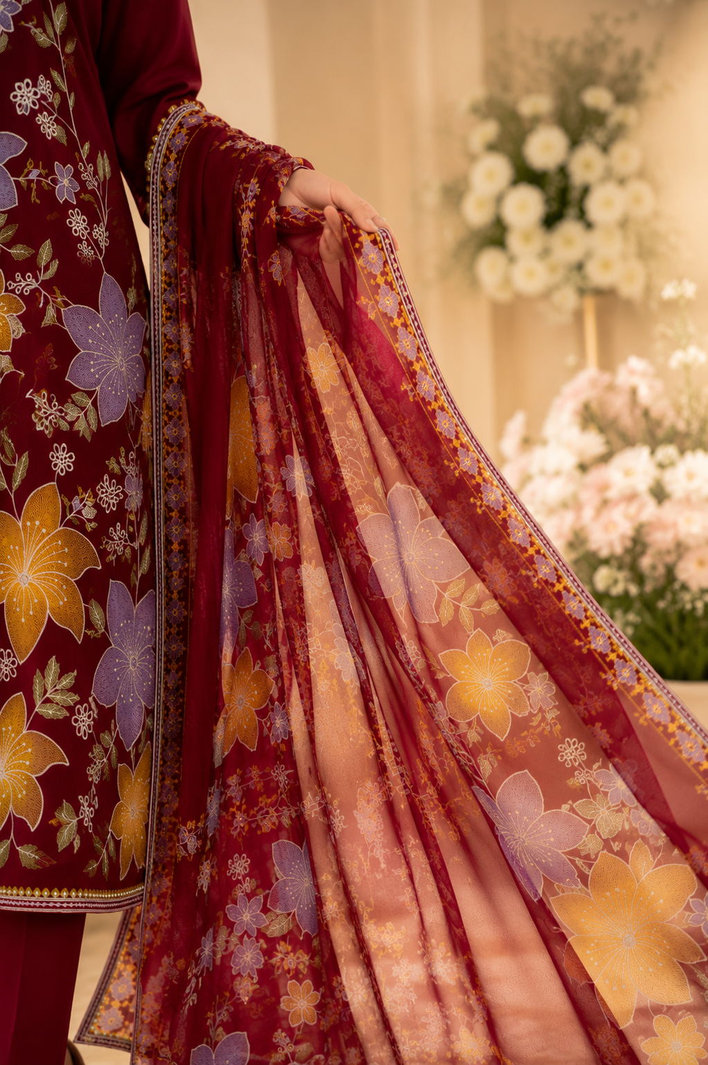Premium Maroon Floral Embroidered 3-Piece Lawn Suit