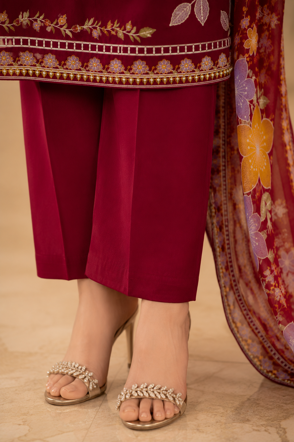 Premium Maroon Floral Embroidered 3-Piece Lawn Suit