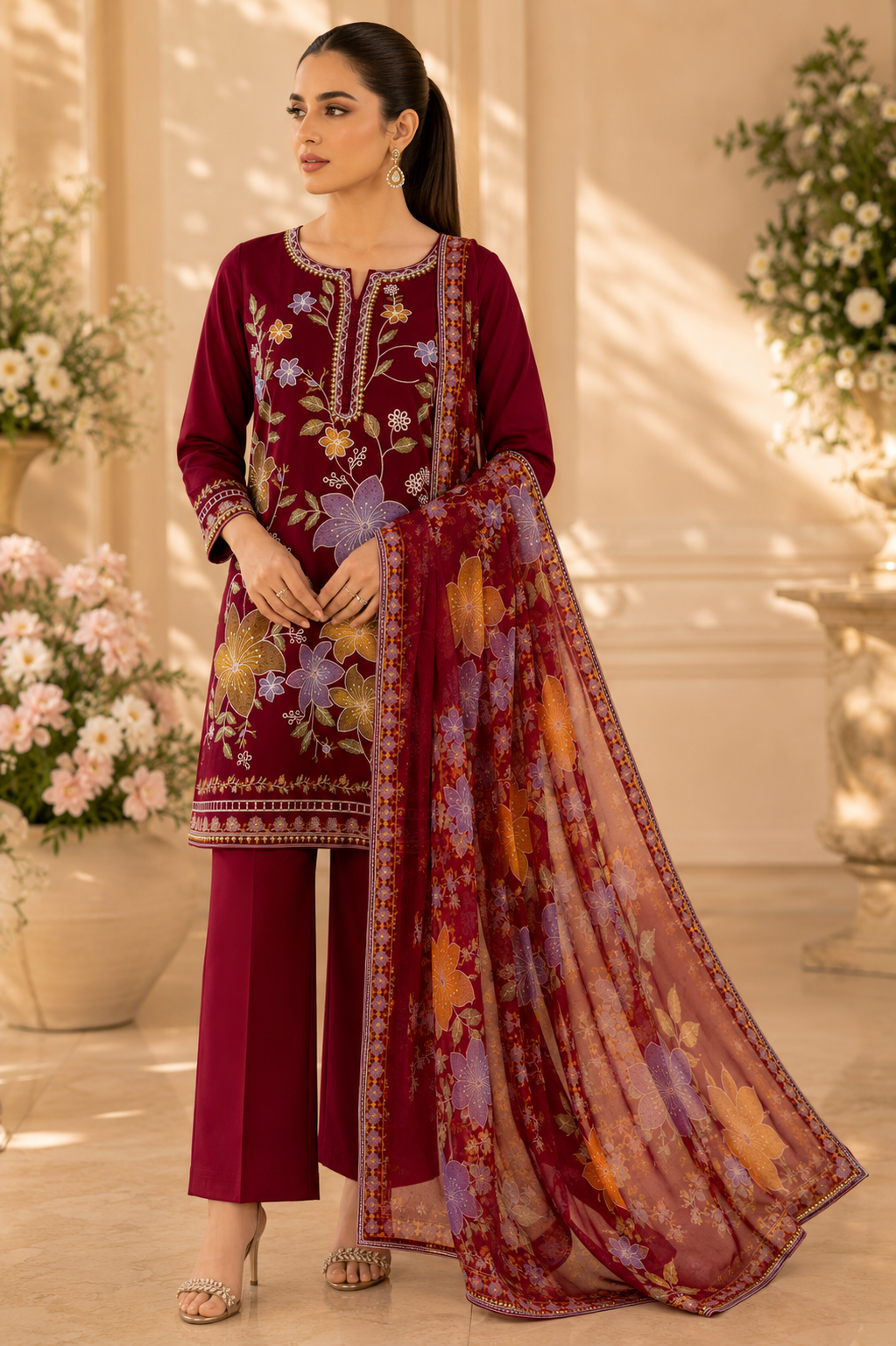 Premium Maroon Floral Embroidered 3-Piece Lawn Suit