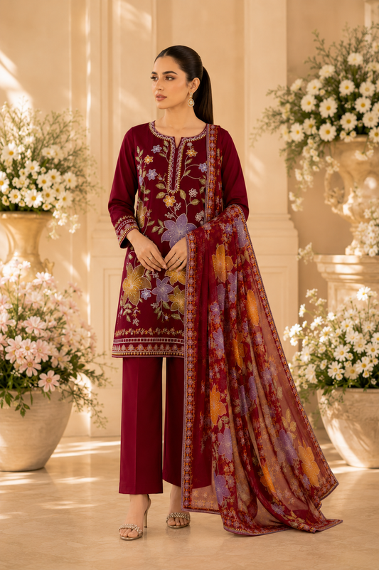 Premium Maroon Floral Embroidered 3-Piece Lawn Suit