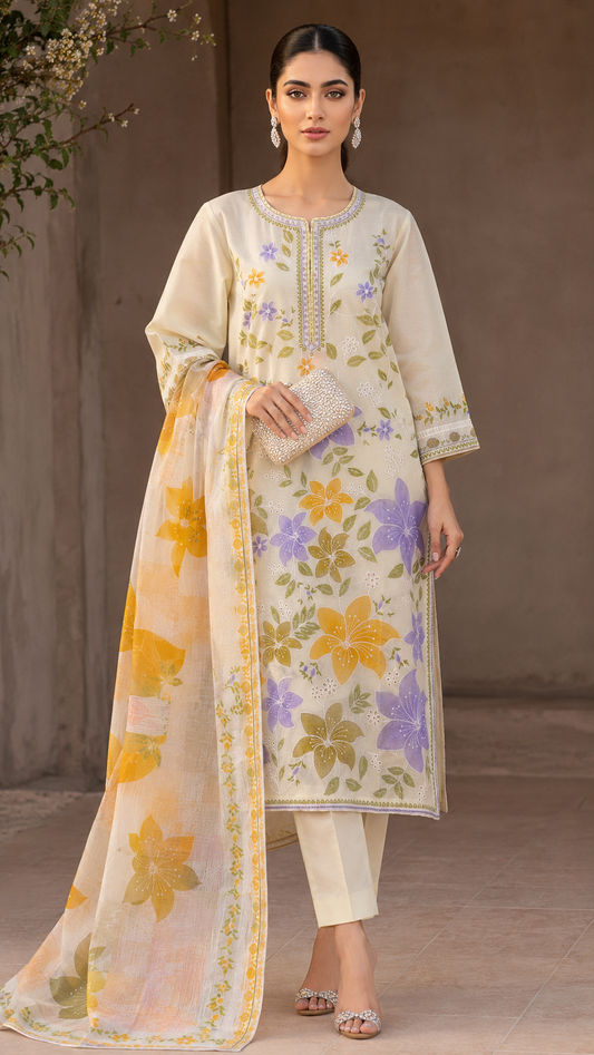 Pastel Bloom Embroidered 3-Piece Lawn Suit – Cream, Lavender & Mustard