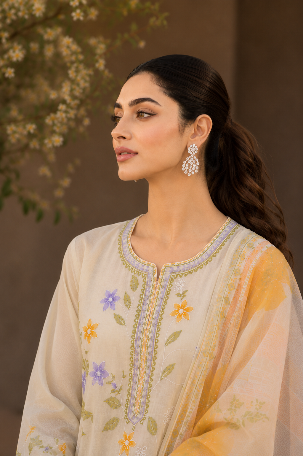 Pastel Bloom Embroidered 3-Piece Lawn Suit – Cream, Lavender & Mustard