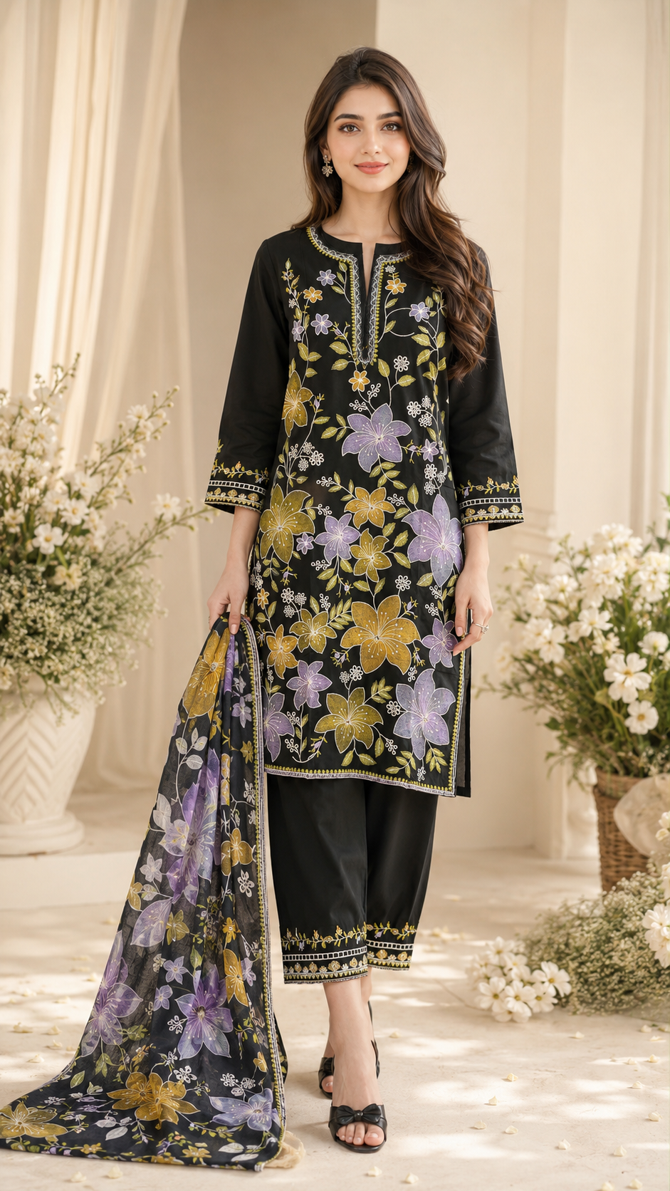 Midnight Bloom Embroidered 3-Piece Lawn Suit – Black Floral Elegance
