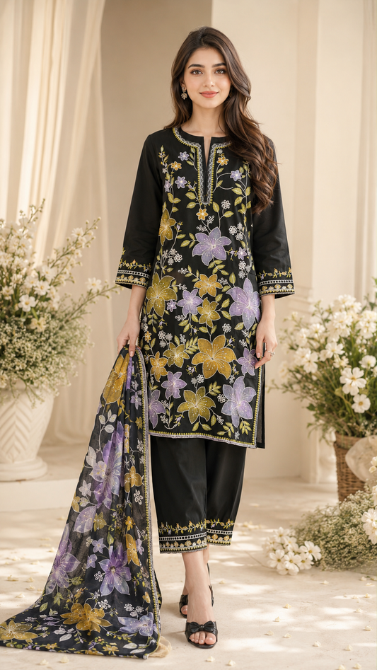 Midnight Bloom Embroidered 3-Piece Lawn Suit – Black Floral Elegance