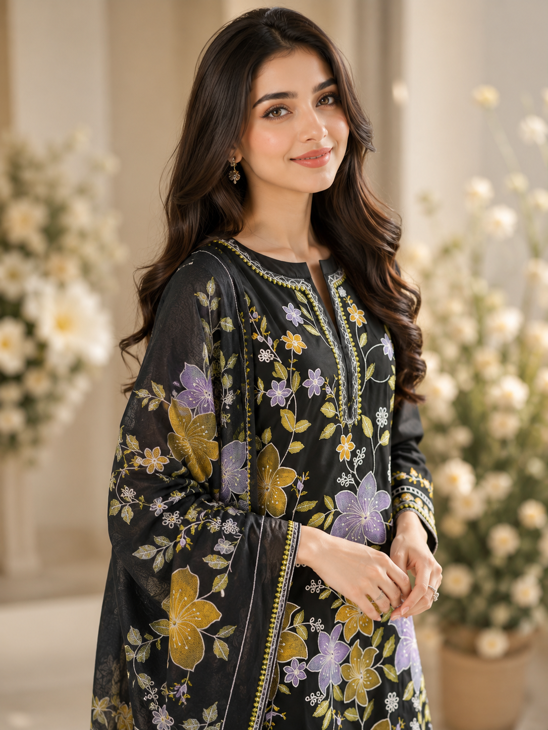 Midnight Bloom Embroidered 3-Piece Lawn Suit – Black Floral Elegance