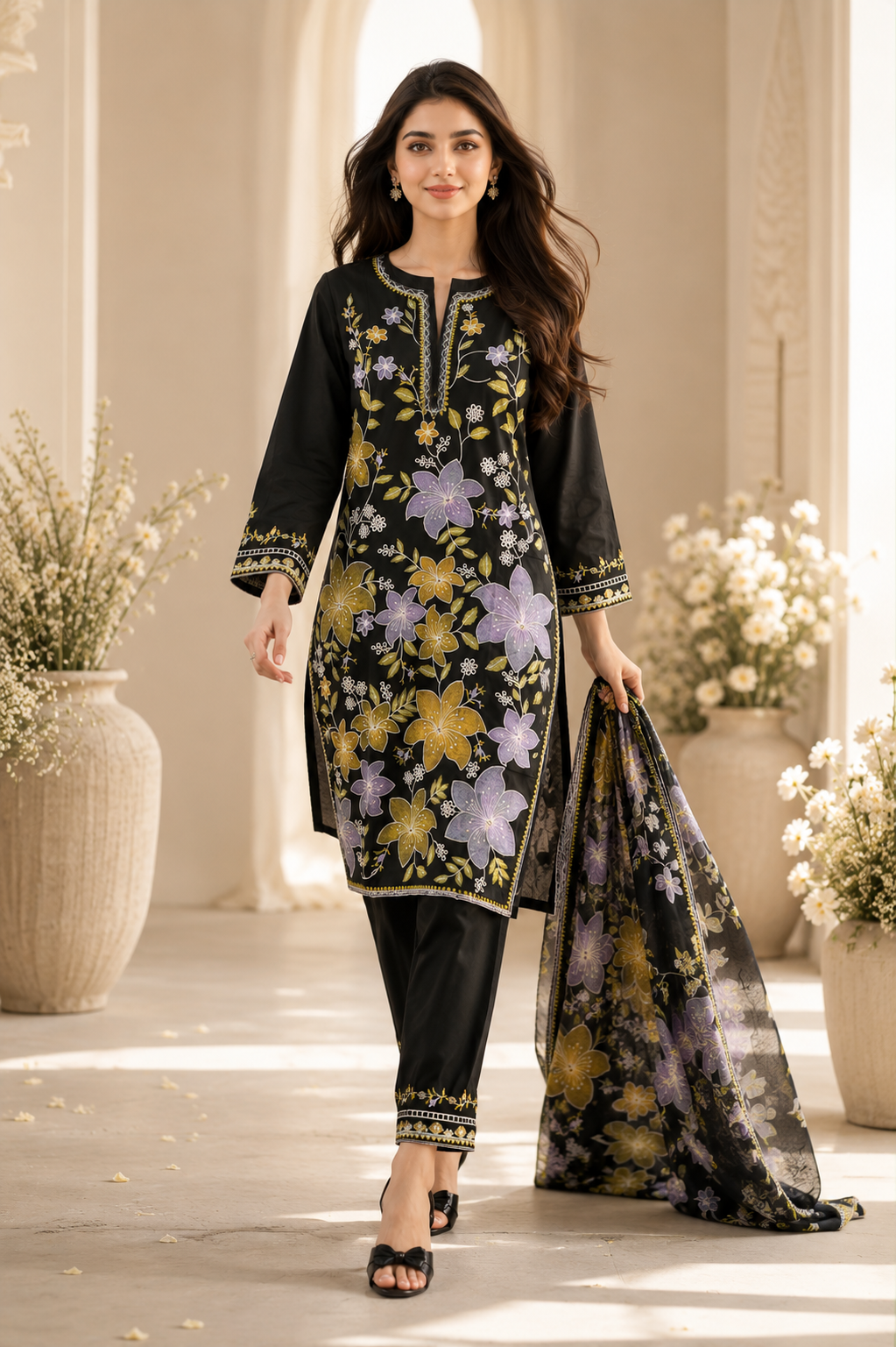Midnight Bloom Embroidered 3-Piece Lawn Suit – Black Floral Elegance