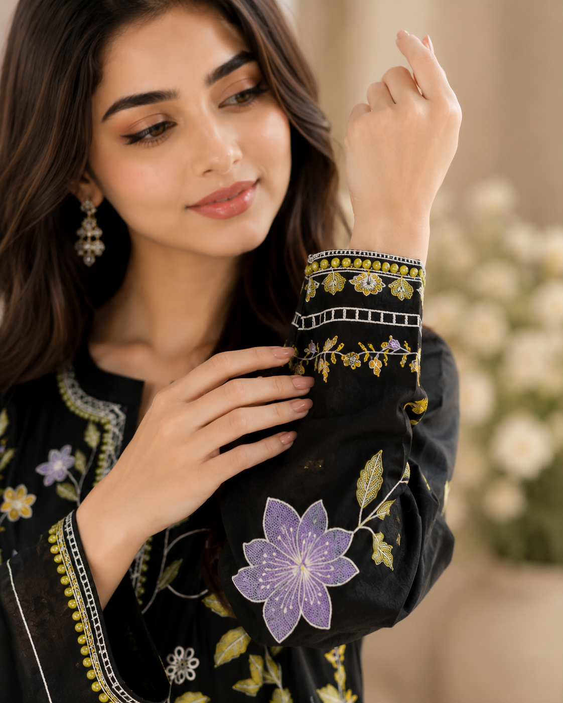 Midnight Bloom Embroidered 3-Piece Lawn Suit – Black Floral Elegance