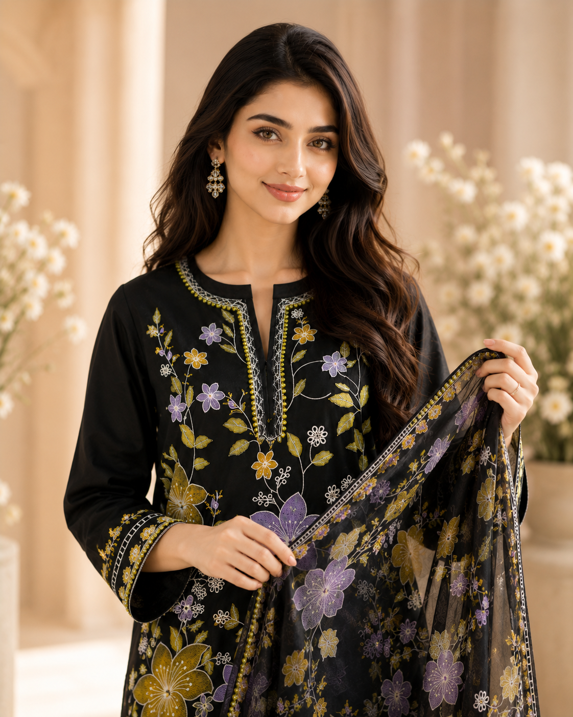Midnight Bloom Embroidered 3-Piece Lawn Suit – Black Floral Elegance
