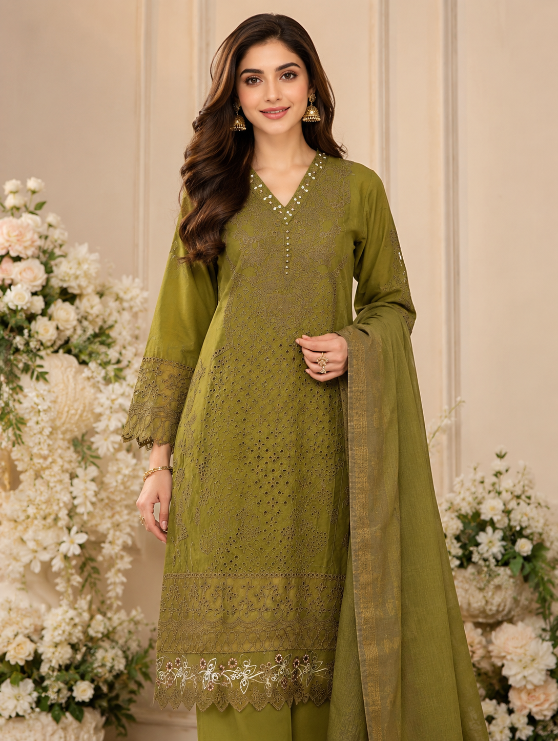 Olive Grace Embroidered 3-Piece Lawn Suit