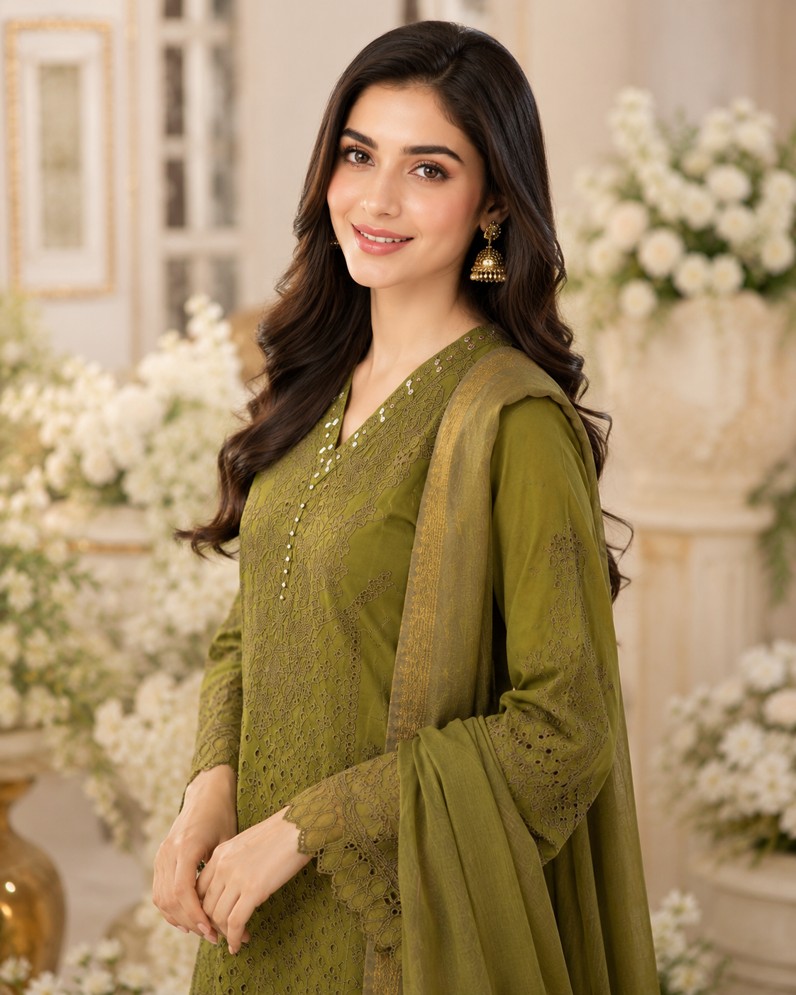 Olive Grace Embroidered 3-Piece Lawn Suit