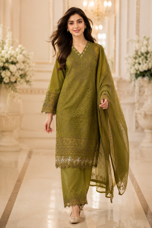 Olive Grace Embroidered 3-Piece Lawn Suit