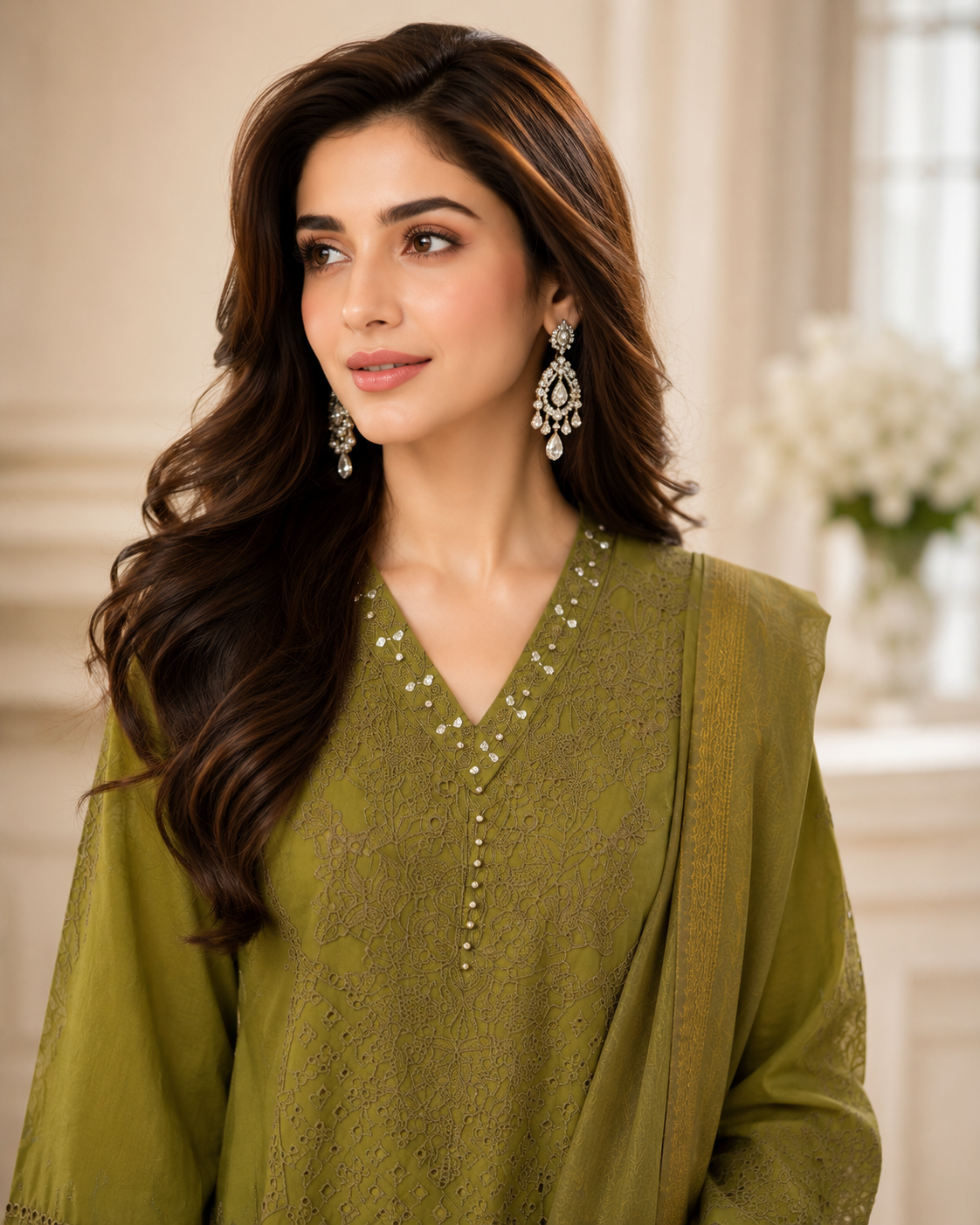 Olive Grace Embroidered 3-Piece Lawn Suit