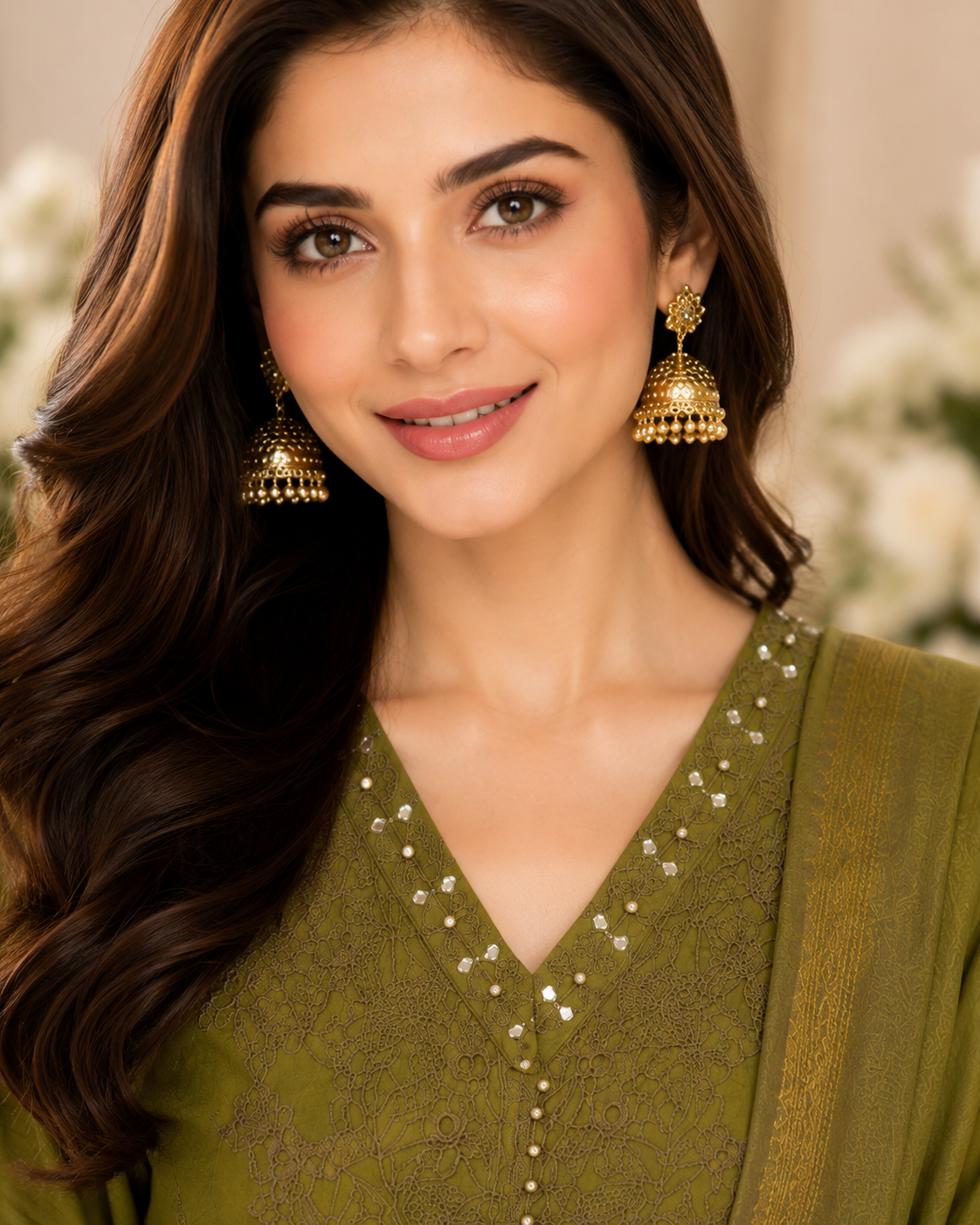 Olive Grace Embroidered 3-Piece Lawn Suit