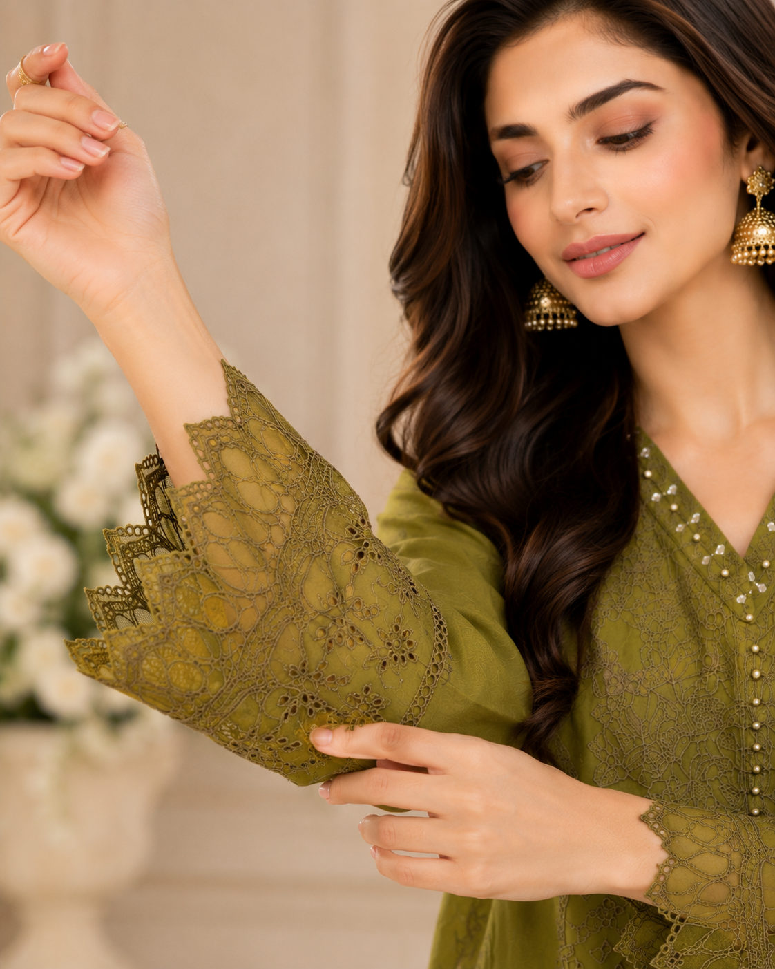 Olive Grace Embroidered 3-Piece Lawn Suit