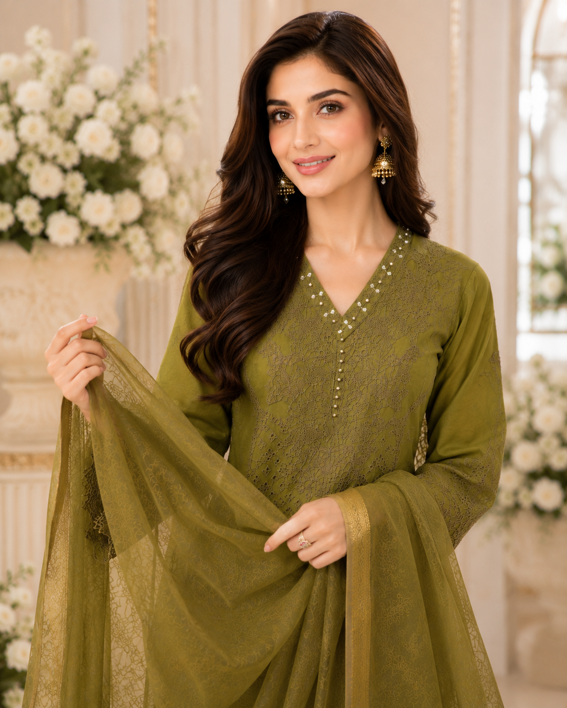 Olive Grace Embroidered 3-Piece Lawn Suit