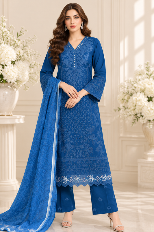 Royal Blue Embroidered Lawn 3-Piece Unstitched Suit with Printed Dupatta