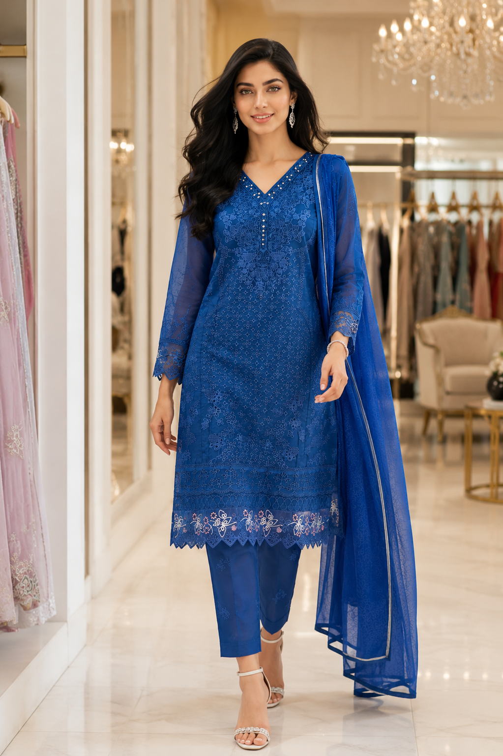 Royal Blue Embroidered Lawn 3-Piece Unstitched Suit with Printed Dupatta