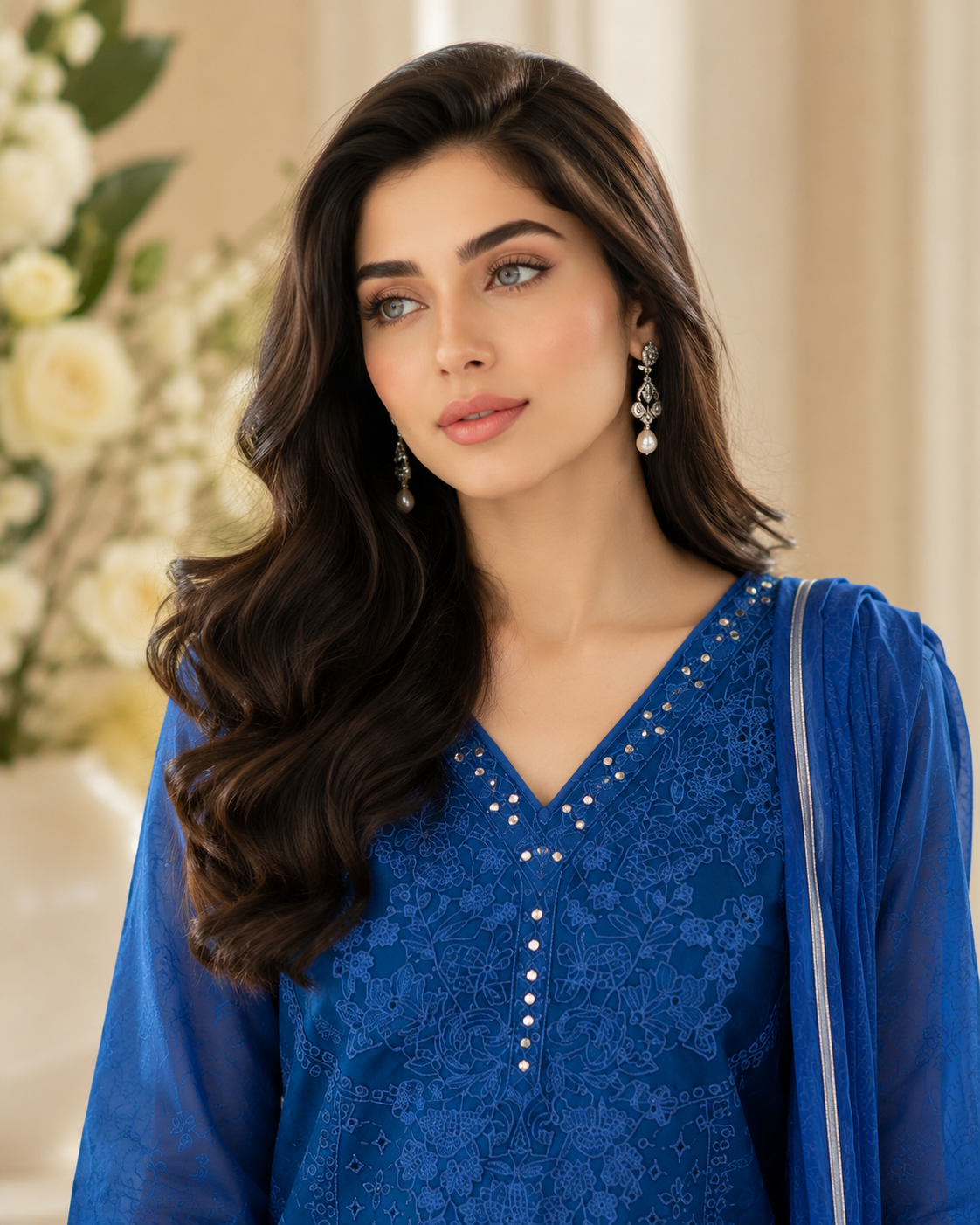 Royal Blue Embroidered Lawn 3-Piece Unstitched Suit with Printed Dupatta