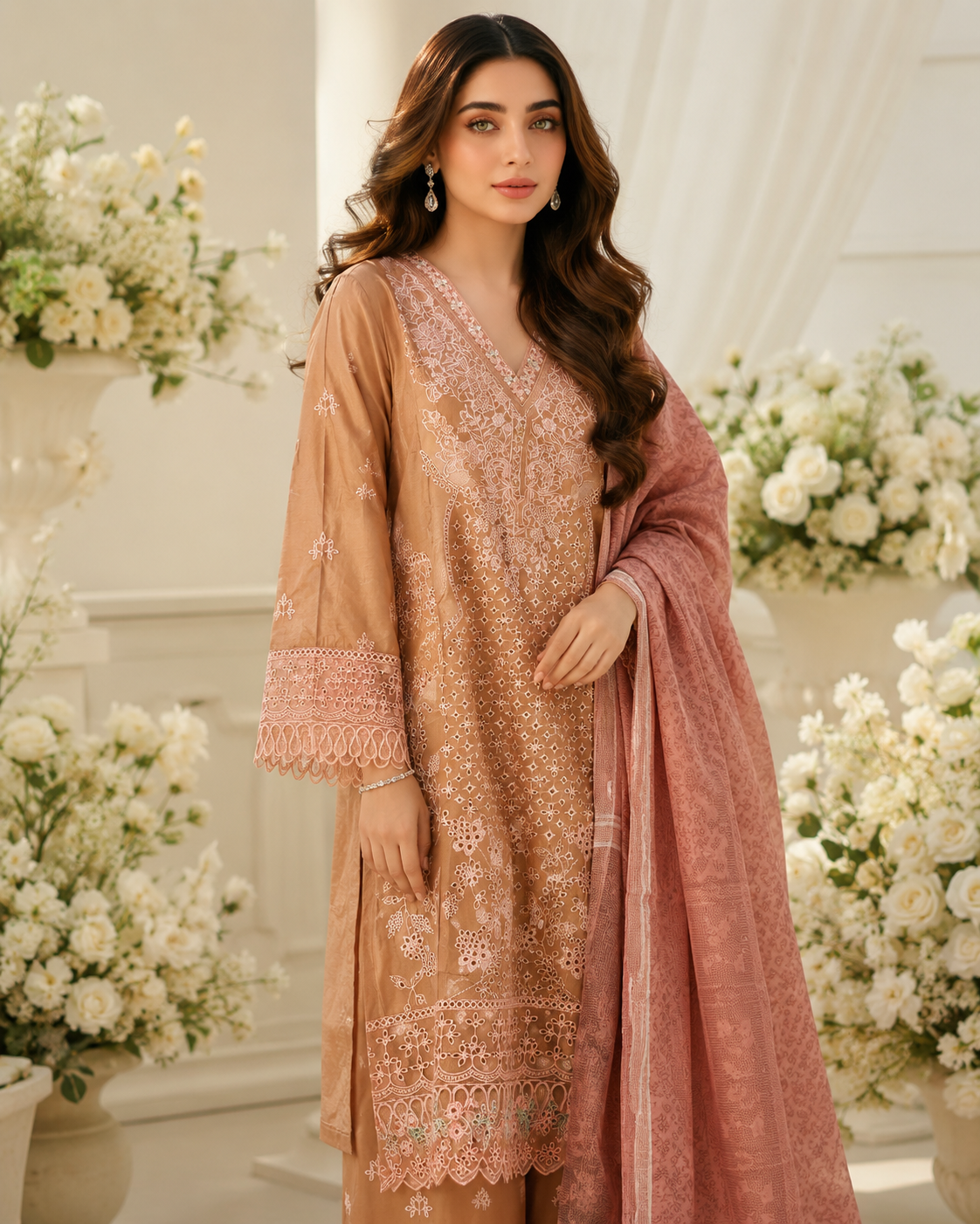 Elegant Peach Embroidered Lawn 3-Piece Suit with Printed Dupatta