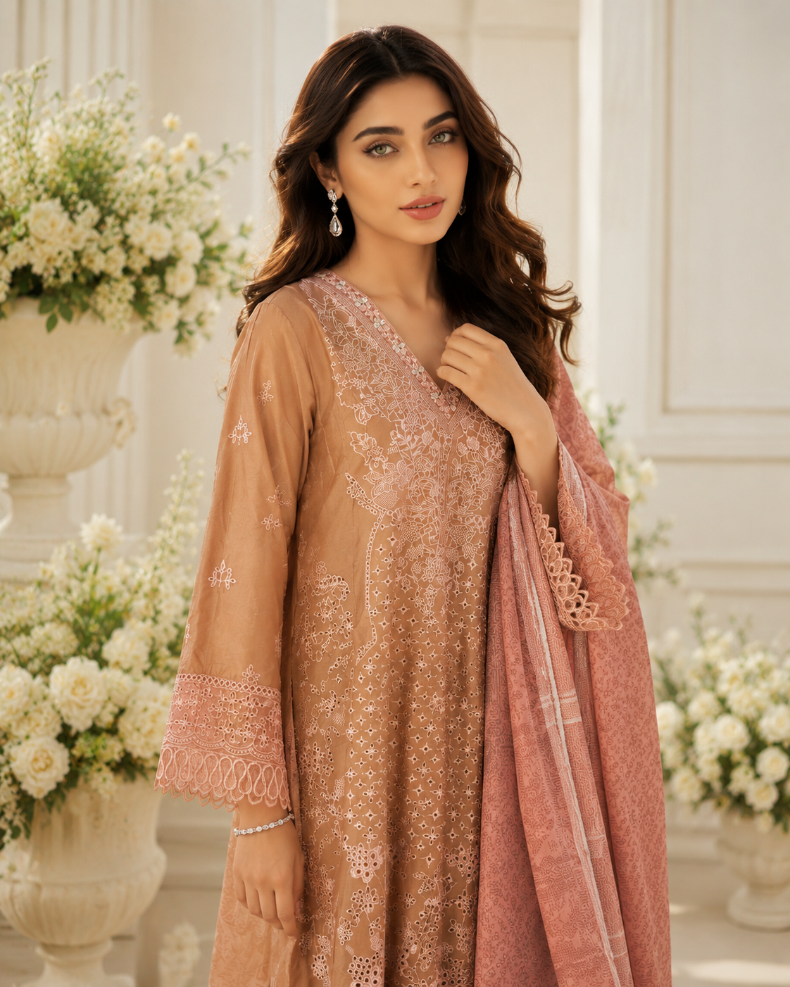 Elegant Peach Embroidered Lawn 3-Piece Suit with Printed Dupatta