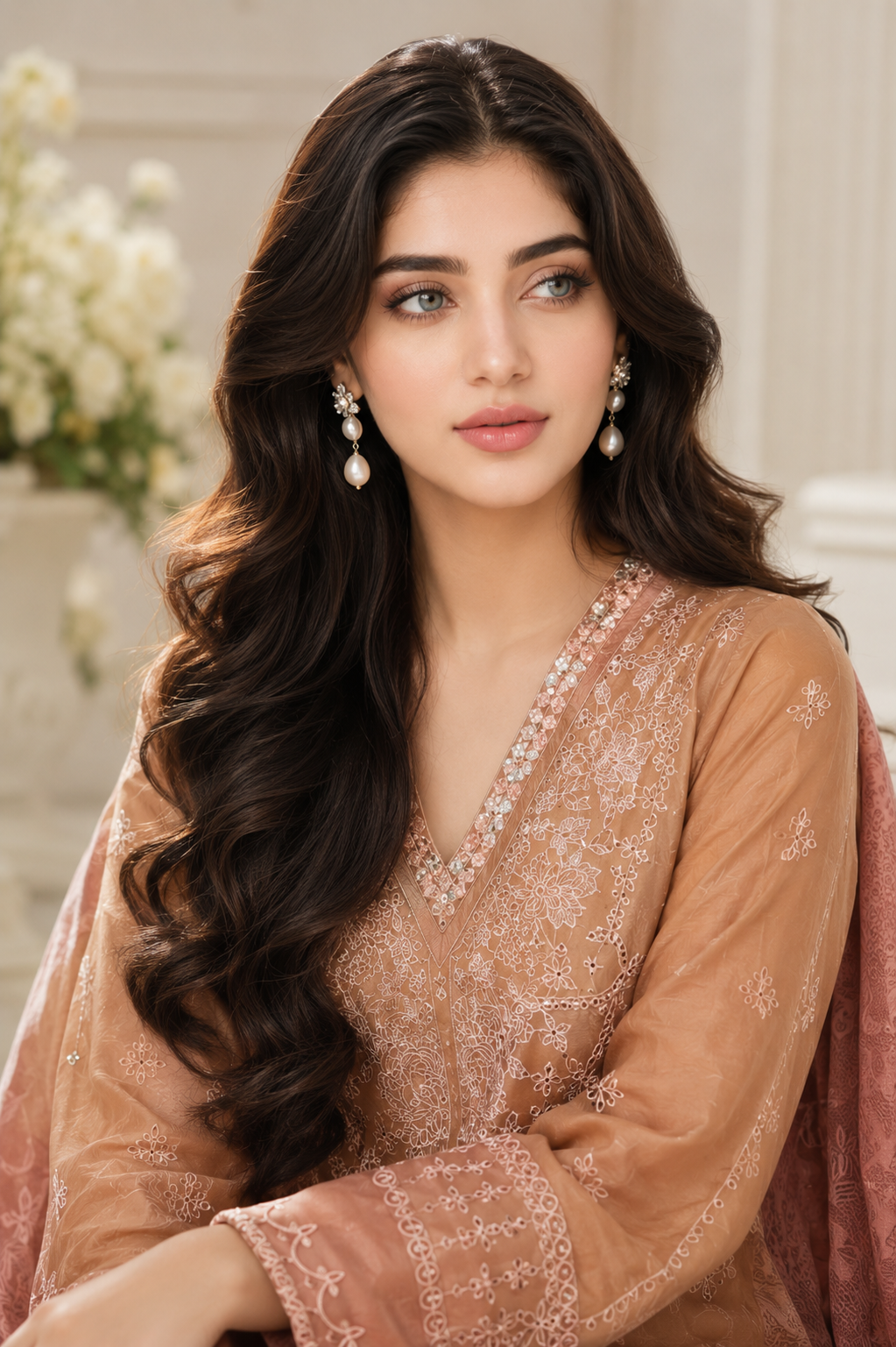 Elegant Peach Embroidered Lawn 3-Piece Suit with Printed Dupatta
