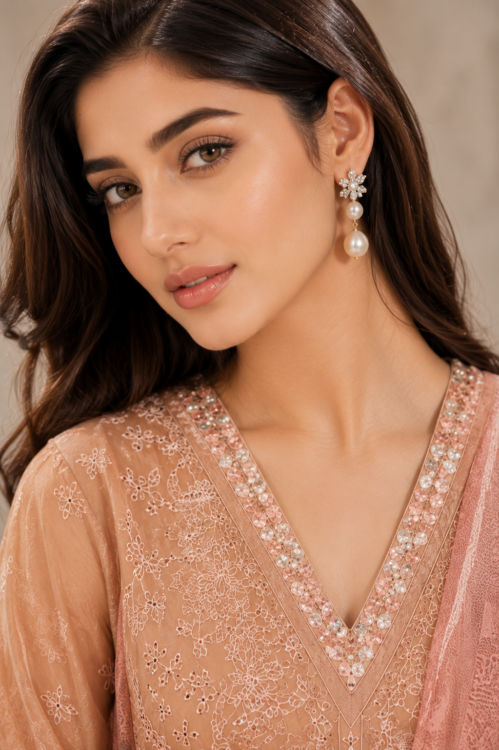 Elegant Peach Embroidered Lawn 3-Piece Suit with Printed Dupatta